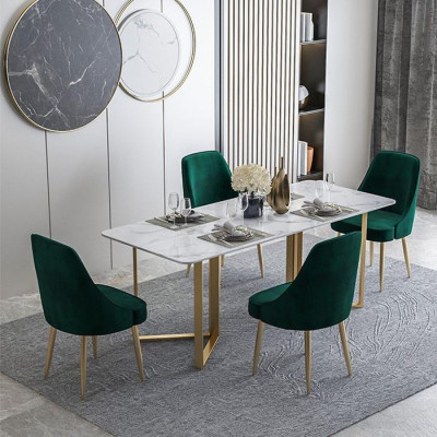 Bàn ăn vân đá cẩm thạch màu trắng - Bàn ăn chân chữ V kim loại mạ nhũ vàng đồng LUX-BGA05