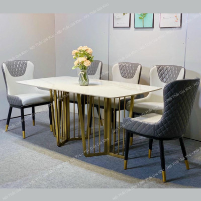 Bàn ăn mặt đá ceramic bóng chân 3 cạnh inox mạ vàng Titan kết hợp ghế Moon