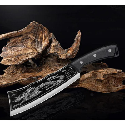 Dao Chặt Thái Hắc Long Chất Liệu Thép Mangan Khắc Laser Họa Tiết Vân Rồng 33cm Kèm Bao Da