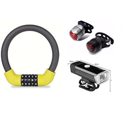 Combo xe đạp Khóa xe đạp 5 số vàng+Đèn pha siêu sáng+Đèn led hậu