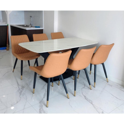 Bộ bàn ăn chân X 1m6 + 6 ghế Loft Trám mặt đá ceramic  Thương hiệu Nội Thất Bình Long 