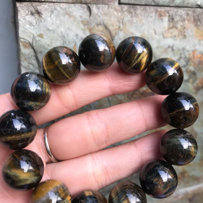 VÒNG ĐÁ MẮT HỔ XANH VÀNG SIZE 16ly 13 Viên NAM Mệnh THUỶ ĐÁ TỰ NHIÊN 