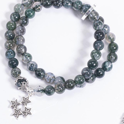 Vòng Chuỗi Hạt Đeo Tay 2 Lines Đá Băng Ngọc Thủy Tảo Phối Charm Ngôi Sao (6mm) mệnh Mộc, Hỏa Ngọc Quý Gemstones