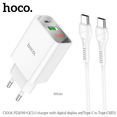 Bộ Sạc Nhanh Dành Cho Hoco C100A Pd20W Qc3.0 Type-C To Type-C Có Đèn Led Dây Dài 1M Hàng Chính Hãng
