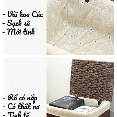 Giỏ Mây Có Nắp Đựng Đồ, Đựng Mỹ Phẩm, Đựng Đồ Ăn Vặt Để Bàn, Decor Chụp Ảnh Sản Phẩm Lót Vải Vintage