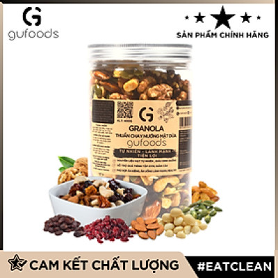 Granola thuần chay nướng mật dừa nước GUfoods (hũ 400g) (0% yến mạch; Mix siêu hạt mắc ca, óc chó, nam việt quất, hạnh nhân, hạt điều, nho khô) - Dinh dưỡng, Tiện lợi, Thơm ngon, Giàu lợi ích sức khỏe