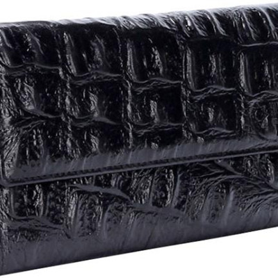 Ví Nữ Da Bò Vân Cá Sấu Lớn 3 Gấp Huy Hoàng HT3152 (19 x 9.5 cm) - Đen