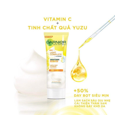 Sữa rửa mặt tạo bọt sáng da Garnier Light Complete Vitamin C Whip Foam 100ml