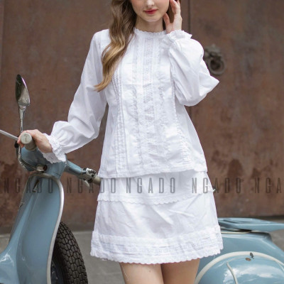 Set áo váy trắng phối ren NGADO , set áo váy trắng , set áo váy nữ