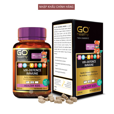 Viên nhai tăng sức đề kháng cho bé nhập khẩu chính hãng New Zealand GO KIDS VIR-DEFENCE IMMUNE  (60 viên) hỗ trợ tăng cường sức khỏe, tăng sức đề kháng; giảm tình trạng mệt mỏi hay ốm vặt ở trẻ em