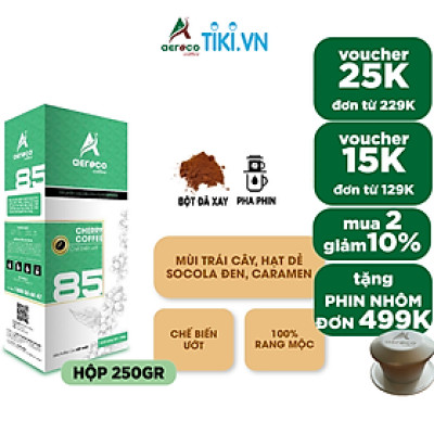 Cà phê bột pha phin AEROCO 85 nguyên chất 100% rang mộc hậu vị ngọt thơm quyến rũ, hộp 250g 