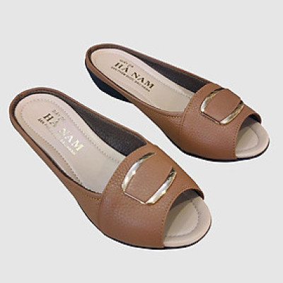 Dép Quai Ngang Nữ Đế Xuồng HÀ NAM Da Bò Thật Cao Cấp 4cm DNU2097