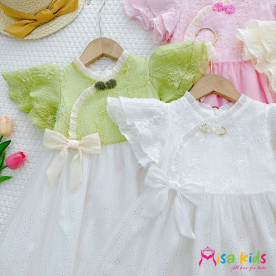 Đầm công chúa màu trắng hồng cho bé gái cổ sườn xám cách tân từ 12-35kg hàng thiết kế cao cấp