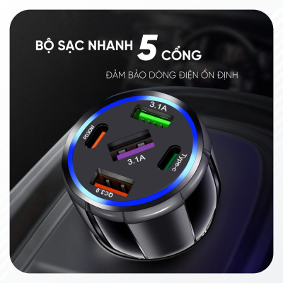 Tẩu Sạc Điện Thoại 5 Cổng USB Type C Trên Xe Ô Tô | Tẩu Sạc Điện Thoại 5 Cổng Sạc USB Type C Công Nghệ Sạc Nhanh Quick Charge 3.0, Chất Liệu Cao Cấp Chống Rơi Vỡ