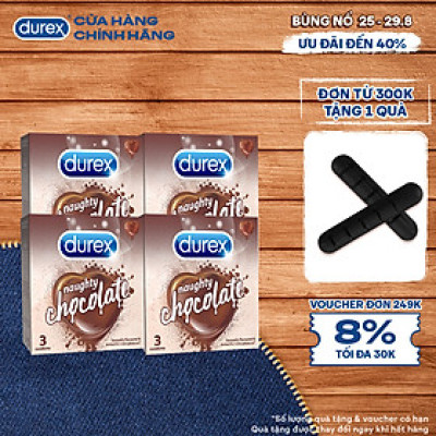 Bộ 4 hộp bao cao su Durex Naughty Chocolate hương socola, size 52mm, 3 bao/hộp