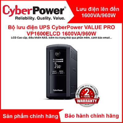 Bộ lưu điện UPS CyberPower VALUE Pro VP1600ELCD - 1600VA/960W - Tích hợp điều khiển Nas, pc, Màn hình hiển thị LCD, dòng sản phẩm cao cấp - Hàng Chính Hãng