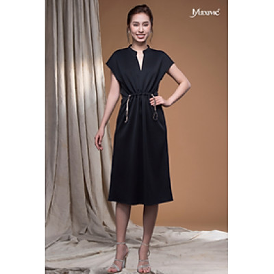 Đầm thun đen cổ sơmi tim, rút dây Maxivic LM062405 [BST Da Beo]