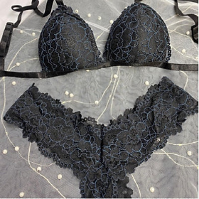 Bộ Nội Y Thiết Kế Ren Cao Cấp Đen Họa Tiết Nét Xanh Có Mút Quần Đùi