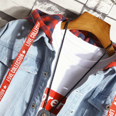 Áo khoác Jeans Nam Unisex phối nón Caro sọc đỏ cao cấp