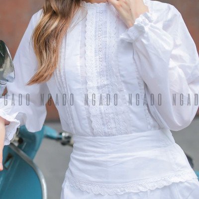 Set áo váy trắng phối ren NGADO , set áo váy trắng , set áo váy nữ