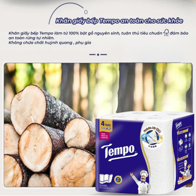 [MUA 2 LỐC BẾP CUỘN TẶNG 1 GÓI BẾP RÚT + 1 GÓI KHĂN ƯỚT + 1 GIÁ ĐỠ] Khăn Giấy Bếp Cuộn Đa Năng Siêu Thấm Tempo ( Lốc 4 Cuộn)