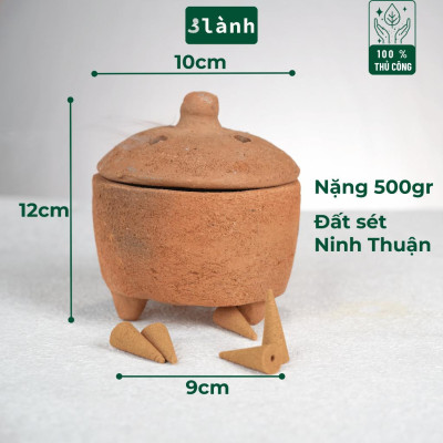Lư Xông Thủ Công Chăm Bằng Đất Sét 3 Lành - Dùng Đốt Nụ Trầm, Nụ Thảo Mộc, Bó Xông, Gỗ Thánh - Phong Cách Thuần Việt