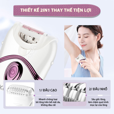 Máy tẩy lông đa năng 2in1 Kemei KM-395 gồm 2 đầu thay thế chuyên dụng nhổ lông, cạo lông, sử dụng toàn thân - Chính hãng