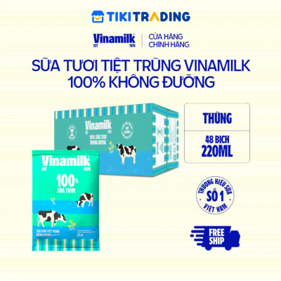 Thùng 48 Bịch Sữa Tươi Tiệt Trùng Vinamilk 100% Không Đường (220ml)