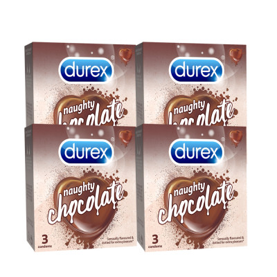 Bộ 4 hộp bao cao su Durex Naughty Chocolate hương socola, size 52mm, 3 bao/hộp
