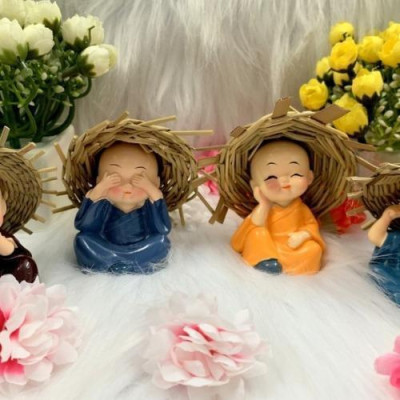 Bộ Tượng Bốn Chú Tiểu Đội Nón Rơm 4 Không Mini Decor Phòng Trang Trí Nhà