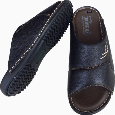 Dép nam quai ngang Trường Hải da bò thật mềm mại may thủ công chắc chắn tỉ mỉ đế cao su không trơn QNN074 