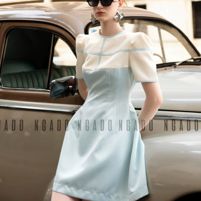 Đầm xanh mint phối trắng NGADO , đầm nữ , Đầm ngắn trẻ trung , Đầm thiết kế