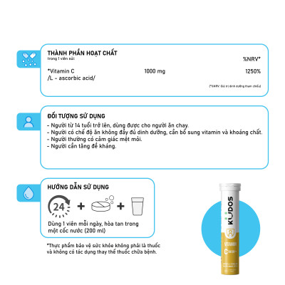 Combo 3 Thực phẩm bảo vệ sức khỏe KUDOS VITAMIN C 1000MG + Viên Sủi KUDOS BONE + Viên Sủi KUDOS DAILY (20 viên/tuýp)