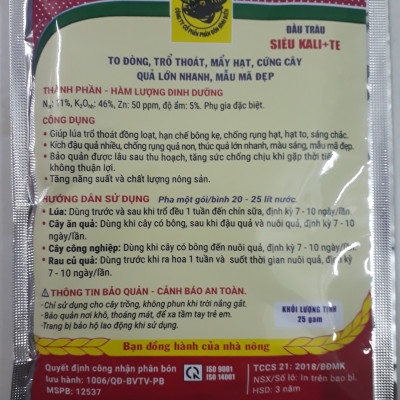 Phân bón đầu trâu SIÊU KALI + TE giúp quả lớn nhanh - đẹp - năng suất cao