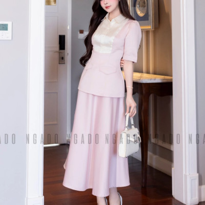 Set áo váy hồng cổ phối trắng NGADO , set áo kèm chân váy xòe , set váy công dở , dự tiệc