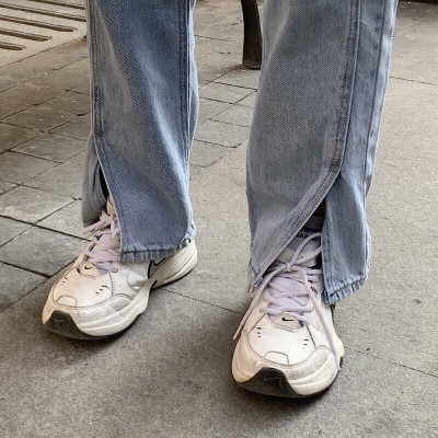 Quần Jeans bò nữ cạp cao lưng cao ống rộng xẻ gấu phong cách ulzzang Hàn Quốc