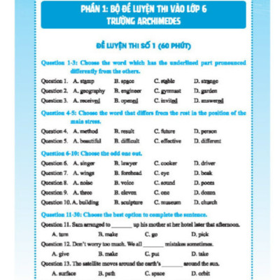 Sách - Bộ đề luyện thi môn Tiếng anh vào lớp 6 trường chuyên , chất lượng cao (có đáp án)