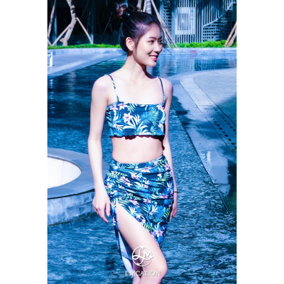 Bộ đồ bơi nữ LMcation - Áo bikini thể thao Mira (Kèm Quần bơi lưng cao) & Váy đi biển Mira - Vườn đêm