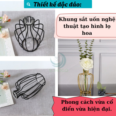 Lọ Hoa Trang Trí Khung Kim Loại Sang Trọng- Bình Hoa Thủy Tinh Kèm Khung Sắt Nghệ Thuật- Lọ Hoa Phong Cách Bắc Âu - Bình Hoa Decor Nội Thất Hiện Đại- Lọ Hoa Khung Sắt Kèm Ống Thủy Tinh Trang Nhã