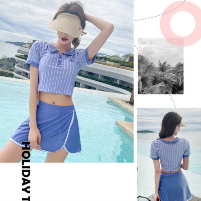 Bộ đồ bơi bikini nữ 2 mảnh đi tắm biển áo croptop kẻ kèm váy sang chảnh phong cách Hàn quốc - B06