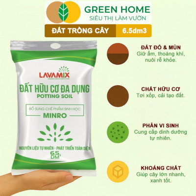 Đất Trồng Cây GreenHome, Lavamix, Bao 6.5dm3 (3kg), Đầy Đủ Dinh Dưỡng, Chuyên Trồng Rau, Hoa, Kiểng