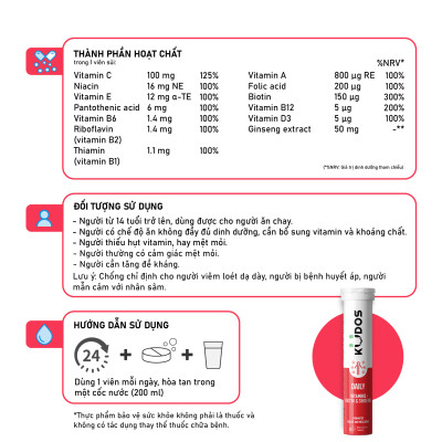Combo 3 Thực phẩm bảo vệ sức khỏe KUDOS VITAMIN C 1000MG + Viên Sủi KUDOS BONE + Viên Sủi KUDOS DAILY (20 viên/tuýp)