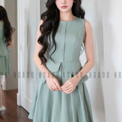 Set áo váy xanh mint xếp ly NGADO , set áo váy ngắn , set áo váy nữ , set công sở