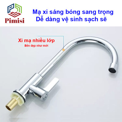 Vòi Rửa Chén Lạnh 1 Đường Nước INOX 304 Pimisi Cao Cấp Mạ Xi Cr/Ni Sáng Bóng Cổ Xoay Bi Cấp Nước Cho Chậu Rửa Bát 1-2-3 Hố Trong Nhà Bếp Gắn Chậu Âm - Dương Bàn Đá Quay 360 Tăng Áp Kiểu Đơn Cổ Ngỗng Cần Cứng - Thân - Để To | Hàng chính hãng