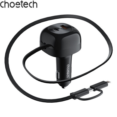 Tẩu sạc nhanh trên ô tô 75W Choetech TC0036 tích hợp cáp sạc rút Type C kèm đầu nối IP - Hàng chính hãng