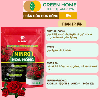 Phân Bón Hoa Hồng GreenHome, Minro, Bao 1kg, Hữu Cơ, Bung Chồi, Mượt Lá, Hoa Nhiều, Bền Hoa