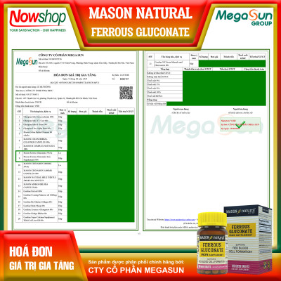 Ferrous Gluconate Mason Natural Hộp 100 viên bổ sung sắt hữu cơ dễ hấp thu không gây nóng táo bón