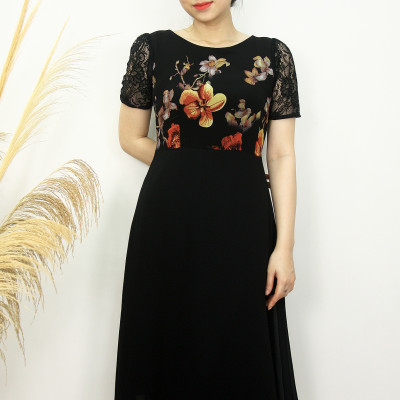 Đầm trung niên bigsize - Đầm xòe A voan hoa tay ren TIFALU900