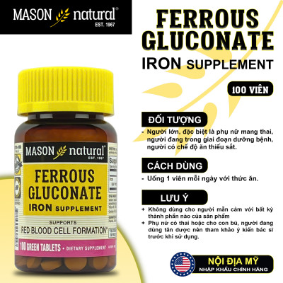Ferrous Gluconate Mason Natural Hộp 100 viên bổ sung sắt hữu cơ dễ hấp thu không gây nóng táo bón