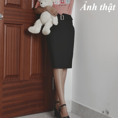 Chân váy bút chì công sở, Phom suông, Dáng dài, Màu đen thiết kế lưng kiểu V có khóa xi vàng cao cấp thanh lịch công sở MS19
